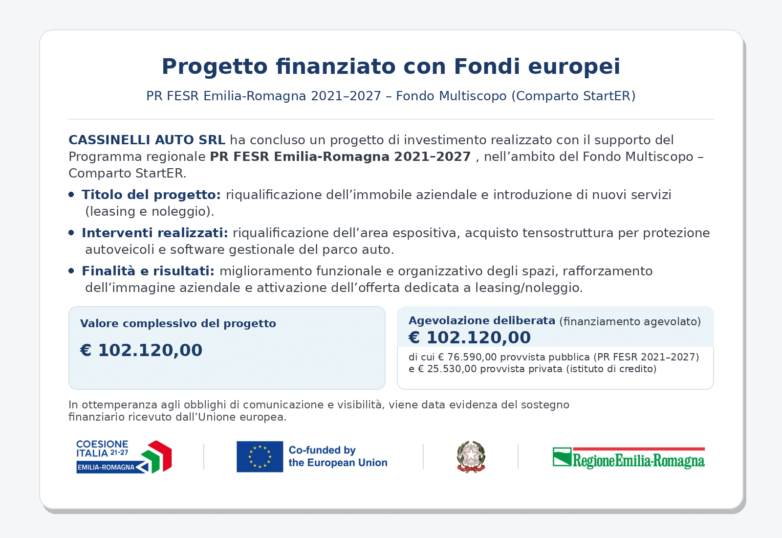 Loghi: Coesione Italia 21-27 Emilia-Romagna, Unione europea, Repubblica Italiana, Regione Emilia-Romagna